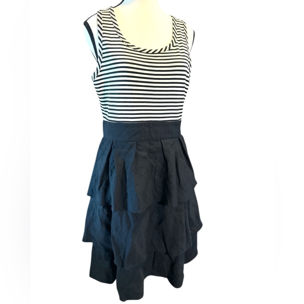 BCBGMaxAzria Black and White Striped Tiered Dress